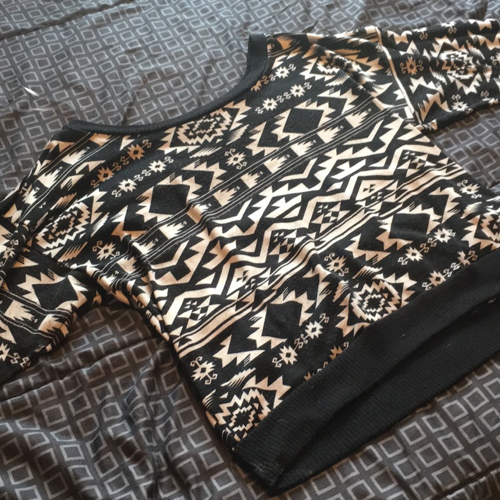 Black/white Aztec print sweater with lace back